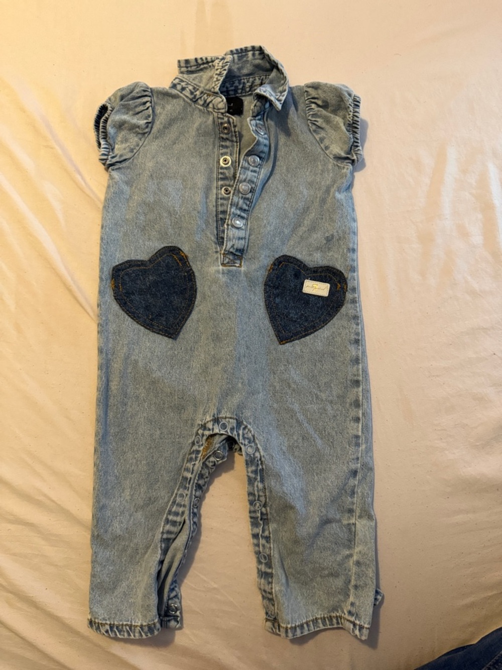 7 For All Mankind Light Blue Denim Baby Romper with Button Front
